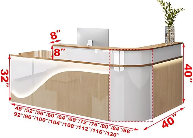 Modern Reception Desk – Front Desk, Reception Counter for Office, Checkout Counter, LED Lighting, Storage, Soft Close Drawers, Custom Logo, Fully Assembled (G,100IN)