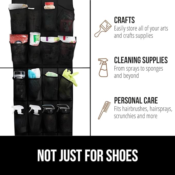 GORILLA GRIP Over the Door Shoe Organizer, 24 Extra Large Breathable Mesh Pockets, Space Saving Hanging Storage Holder, 4 Hook Closet Rack Hanger, Hangs on Closets for Shoes and Accessories, Black