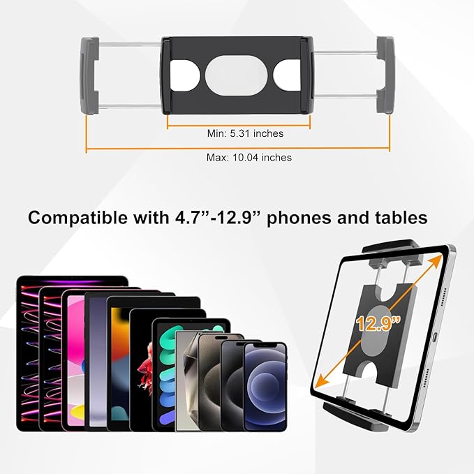 Tablet Holder for Mic Stand/Stroller/Treadmill/Wheelchair/Spin Bike/Peloton/Indoor Cycle, 360° Swivel iPad Mic Stand Mount Adjustable iPad Clamp Mount for All 4.7 to 12.9 inch Tablets Smartphones
