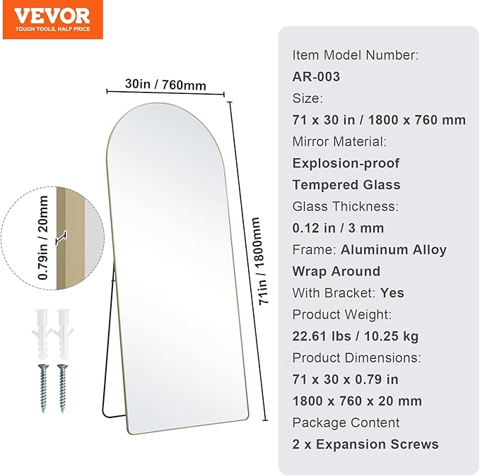 VEVOR Full Length Mirror, 71'' x 30'' Large Gold Arched Floor Mirror with Stand Aluminum Alloy Frame, Free Leaning Hanging Wall Mounted, Full Body Mirror for Bedroom Living Room