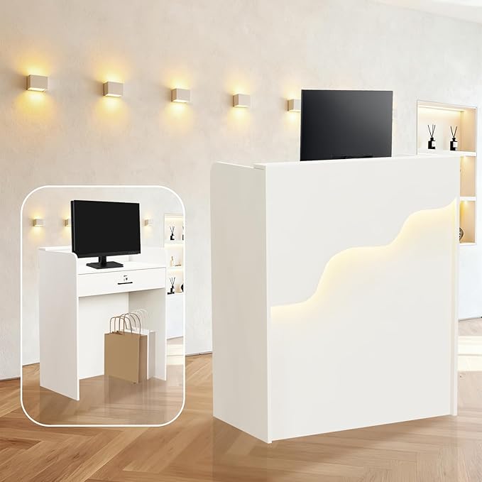 Reception Desk with Counter LED Light, Modern Front Desk with Lockable Drawer, White Retail Checkout Counter for Clothing Store Lobby Beauty Salon (White, 37.8x31.5x15.7in)