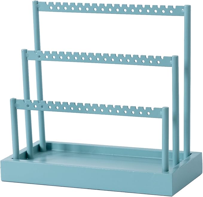 SANY DAYO HOME 3-Tier Earring Holder Organizer Stand, 105 Holes Teal Blue Metal Earring Rack Jewelry Display Tree with Wood Tray for Women and Girls