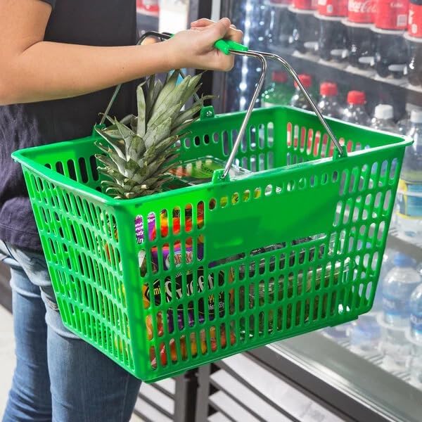 Plastic Shopping Basket, Green, Steel Handles, 18 11/16 x 12 3/8 x 10 7/16 Inches, 55 lb Capacity, Stackable Design for Grocery Market