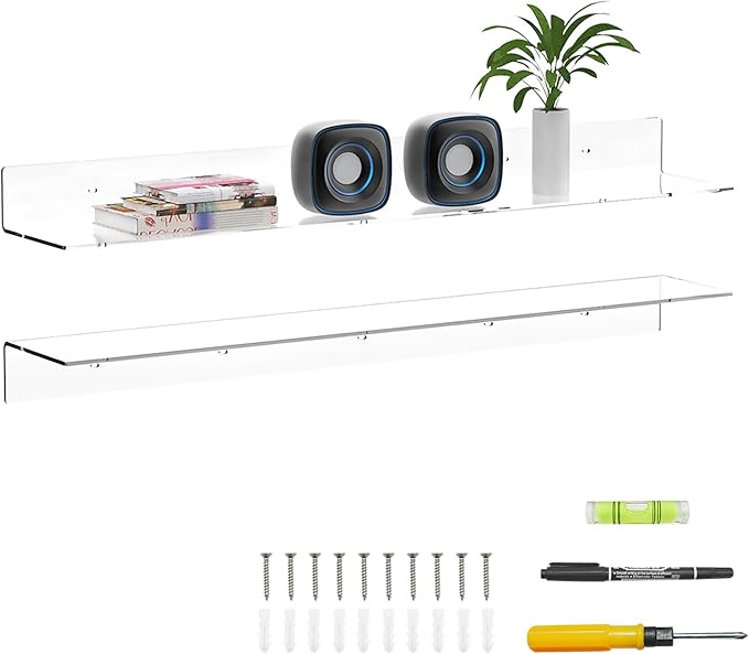 36 Inches Acrylic Wall Shelves 2 Pack, Floating Shelf for Wall Mounting, Acrylic Display Ledges for Funko Pop Figures, Home Décor, Living Room, Gaming Room, Plants(36 inch, Clear)