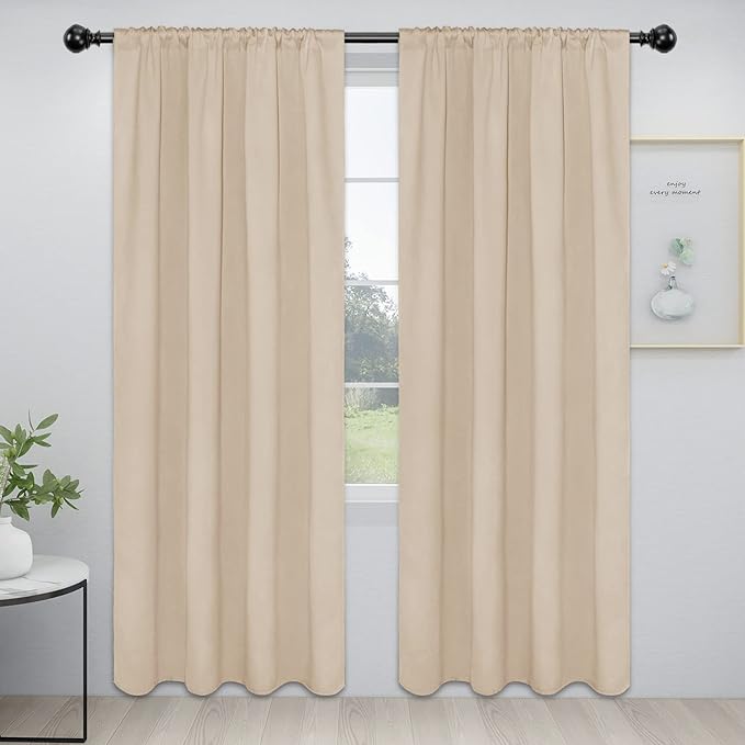 Easy-Going Rod Pocket Blackout Curtains for Bedroom, Room Darkening Window Curtains for Living Room, Thermal Insulated Noise Reduction Solid Window Drapes, 2 Panels(42x84 in, Beige)