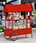 Portable Food Cart with Striped Canopy, Mobile Vendor Display Stand with Lockable Wheels, Iron Outdoor Cart for Market, Street Food or Events(Red,55.1in)