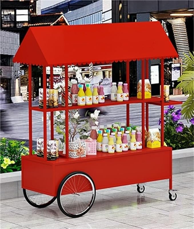 Portable Food Cart with Striped Canopy, Mobile Vendor Display Stand with Lockable Wheels, Iron Outdoor Cart for Market, Street Food or Events(Red,47.2in)