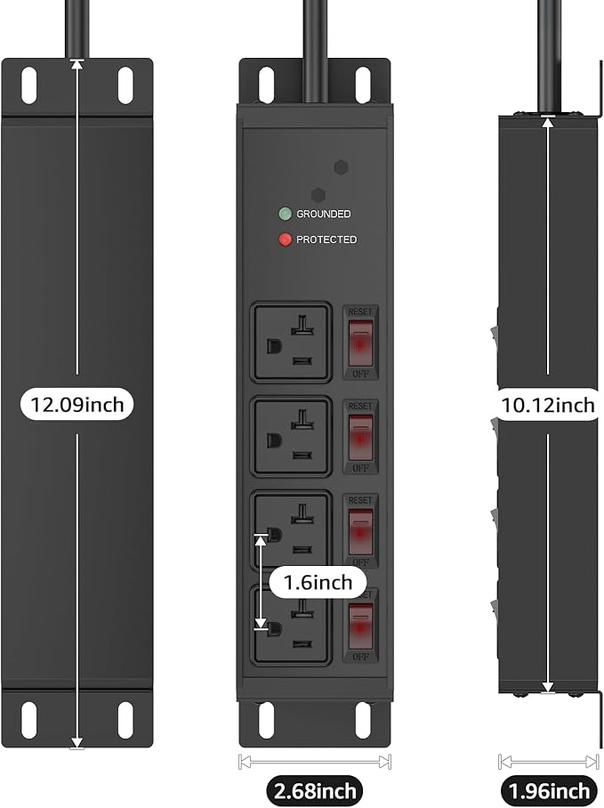 CCCEI Heavy Duty Surge Protector Power Strip 20 Amp Individual Switches. 20FT 12 Gauge Extension Cord with Multiple Outlets. Kitchen, Garage, Shop, Industrial Wall Mount Electric Extender, Black.