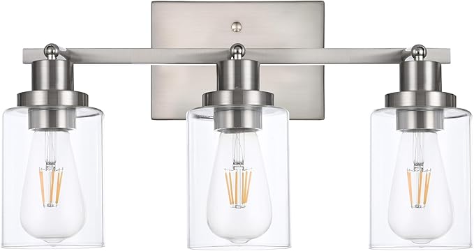 3 Light Track Lighting Kit Brushed Nickel Kitchen Track Lighting Fixtures Ceiling Mount Bathroom Vanity Wall Scones Light Fixture with Clear Glass, Rotatable Spotlight for Kitchen Shop Hallway