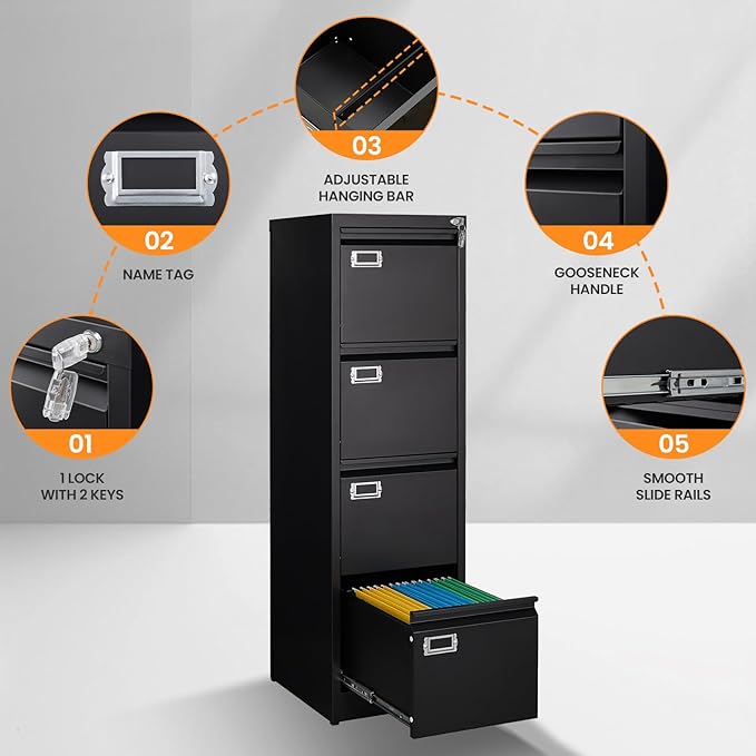 4 Drawer File Cabinet with Lock, Metal File Cabinets for Home Office,18" Deep Vertical Black Filing Cabinets Office Storage Cabinet for Letter/Legal / A4 / F4 Size, and File Folders