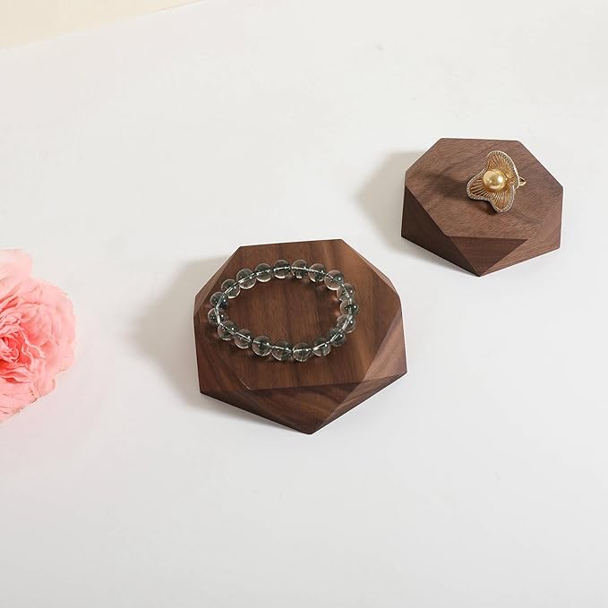 GemeShou single Walnut Jewelry display Tray for selling, Wooden hexagon display riser for jewelry, Jewelry retail shop display stand, photography props【Walnut Hexagon single Large】