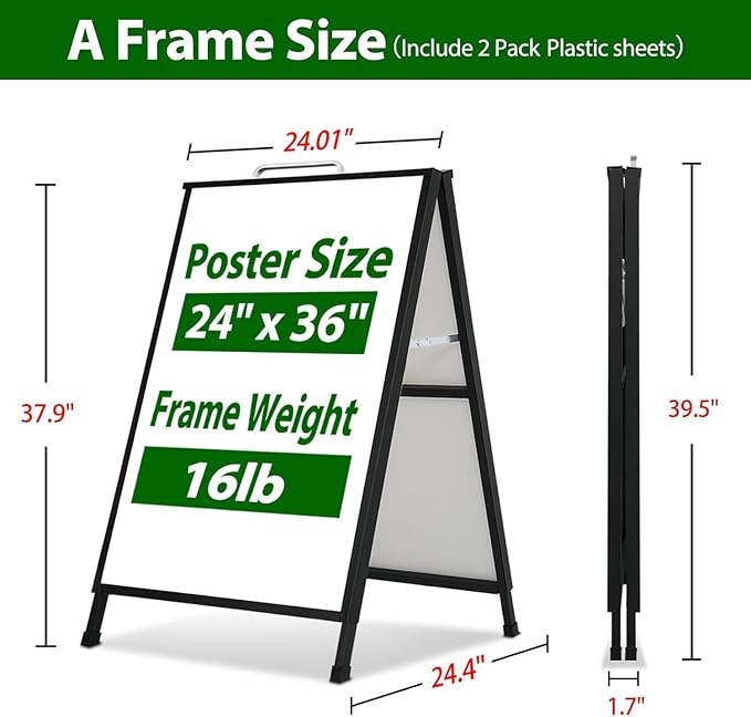 A Frame Sidewalk Sign 24 x 36 Inch Outdoor, Double-Sided Folding Sandwich Board with Handle, Heavy Duty Metal Slide-in A-Frame for Business, Advertising, Party, with 2 Plastic Boards