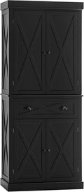 HOMCOM 72" Kitchen Pantry Storage Cabinet, Traditional Freestanding Pantry Cabinet with 4 Doors and 2 Adjustable Shelves, Large Central Drawer, X-Frame, Black
