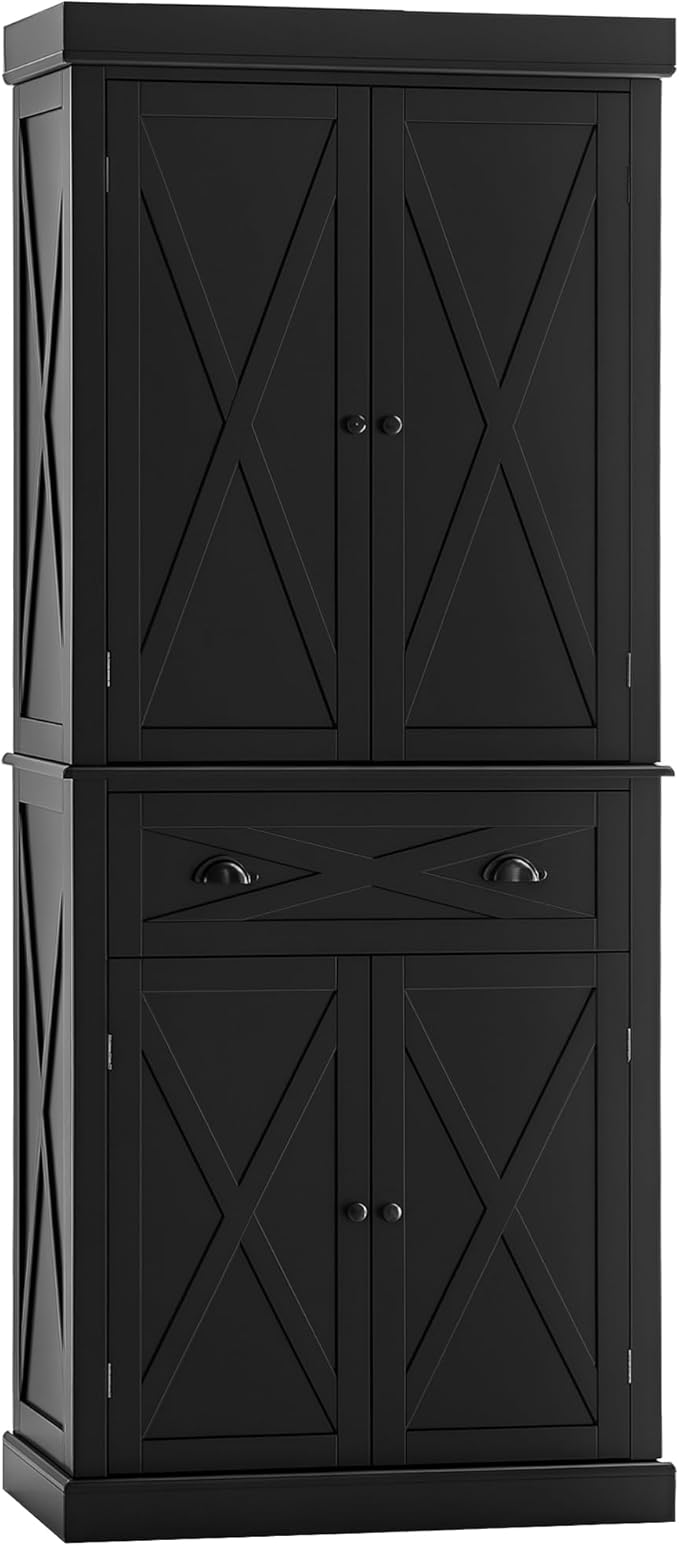 HOMCOM 72" Kitchen Pantry Storage Cabinet, Traditional Freestanding Pantry Cabinet with 4 Doors and 2 Adjustable Shelves, Large Central Drawer, X-Frame, Black