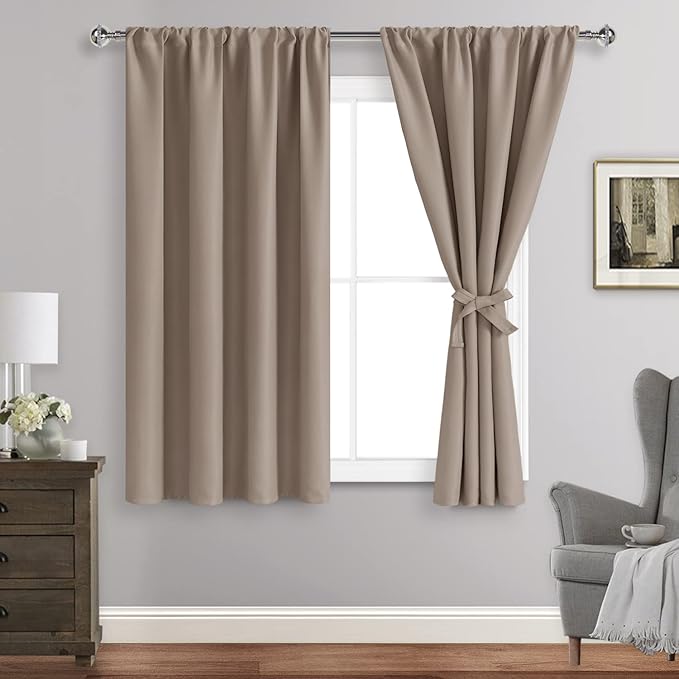 JIUZHEN Blackout Curtains for Bedroom – Thermal Insulated,Noise Reducing Room Darkening Privacy Rod Pocket Drapes for Living Room, Set of 2 Panels with Tiebacks, 42 x 54 inch Long, Camel