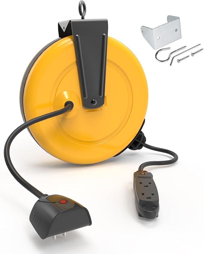 30Ft Retractable Extension Cord Reel, Ceiling/Wall Mount 16/3 Gauge SJTW Power Cord with 3 Outlets Triple Tap for Garage, Shop, 10 Amp Circuit Breaker, Durable Coated Metal Plate, ETL Listed