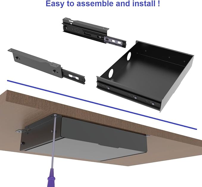 Under Desk Mounted Slide out Drawer, W 13.4" x D 9.3" Storage Organizer with Cable Management for Office & Standing Desks with High Crossbar, Metal, Black (Medium)