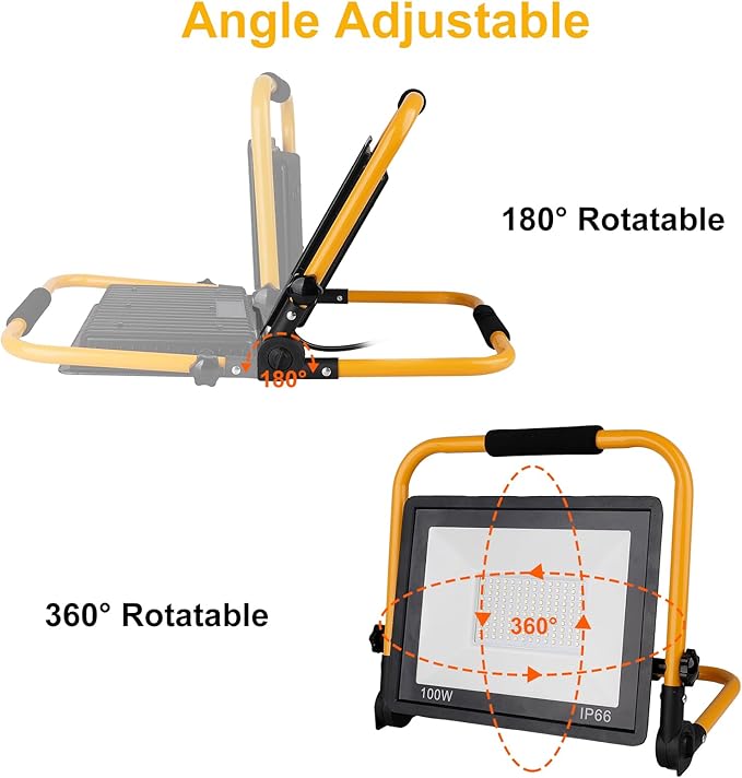 T-SUN 100W LED Work Light, Outdoor Waterproof Flood Light, Adjustable Portable Work Lights with with Plug, LED Work Light for Workshop, Job Site Emergency, Garage, Construction Site