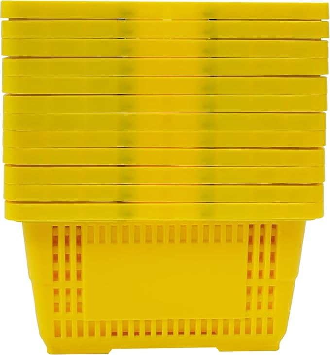 LOYALHEARTDY 12PCS Shopping Baskets with Handles, 21L Plastic Grocery Basket for Retail Store, Supermarket, Grocery Shopping |17" x 12" x 9" Portable Shop Basket (Yellow)