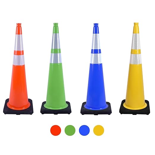6 Pack 36 Inch Blue Heavy Duty PVC Cones with Stable Black Base, Professional Traffic Management, Parking Lots, Highway Safety, Work Sites (6, Blue, 36 Inch)