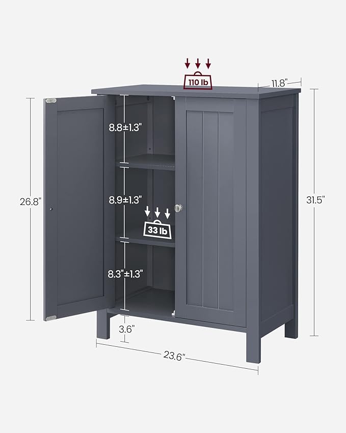 VASAGLE Floor Storage Cabinet, Freestanding Storage Unit with 2 Adjustable Shelves, for Bathroom Living Room Dining Kitchen, 11.8 x 23.6 x 31.5 Inches, Slate Gray UBCB60GY