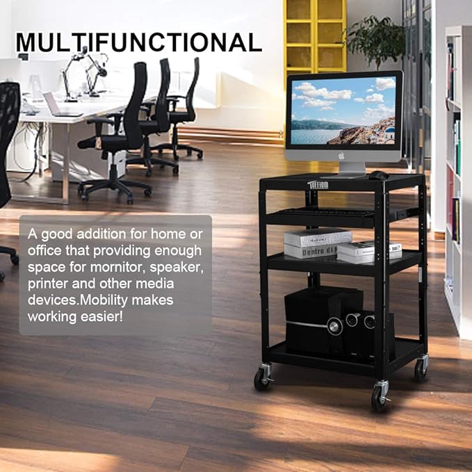 TUFFIOM AV Presentation Cart for Video Projector Laptop Computer, Mobile Workstation Utility Media Cart for School Classroom Office, Rolling Storage Stand with Keyboard Shelf