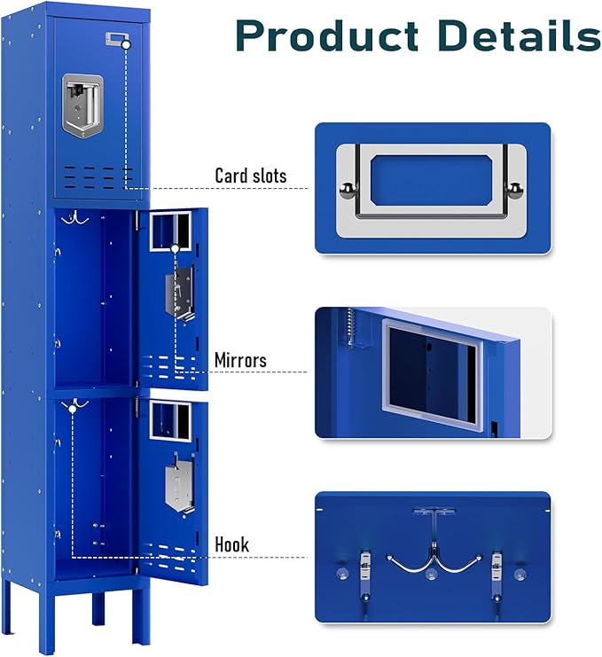 Metal Lockers - 66" Height Steel Lockers for Employees with 3 Door Storage Locker with Card Slot for Employees Gym School Home Office Garage - Assembly Required