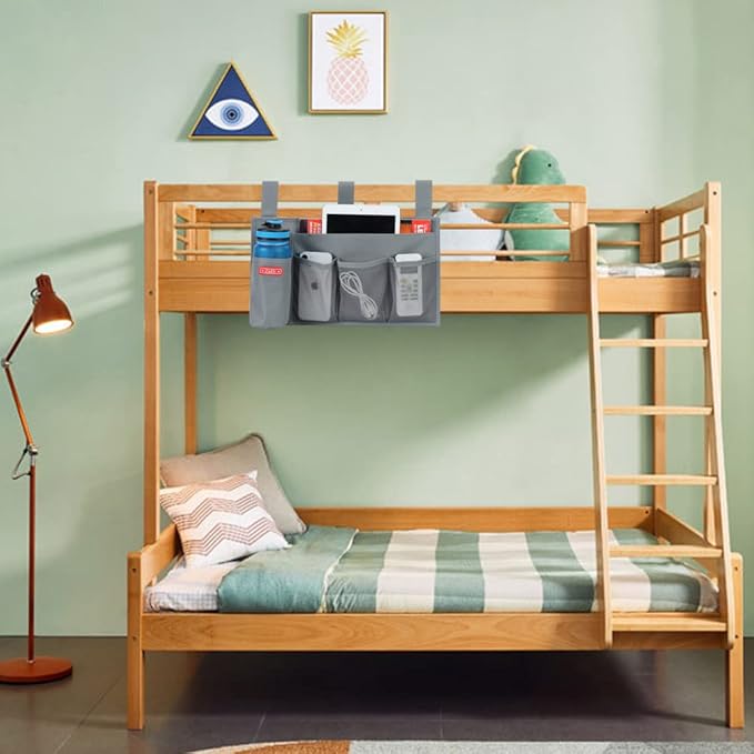 Hanging Bedside Caddy, Bedside Storage Organizer for Magazine, Phone, Remote control (5 Pockets-Grey)