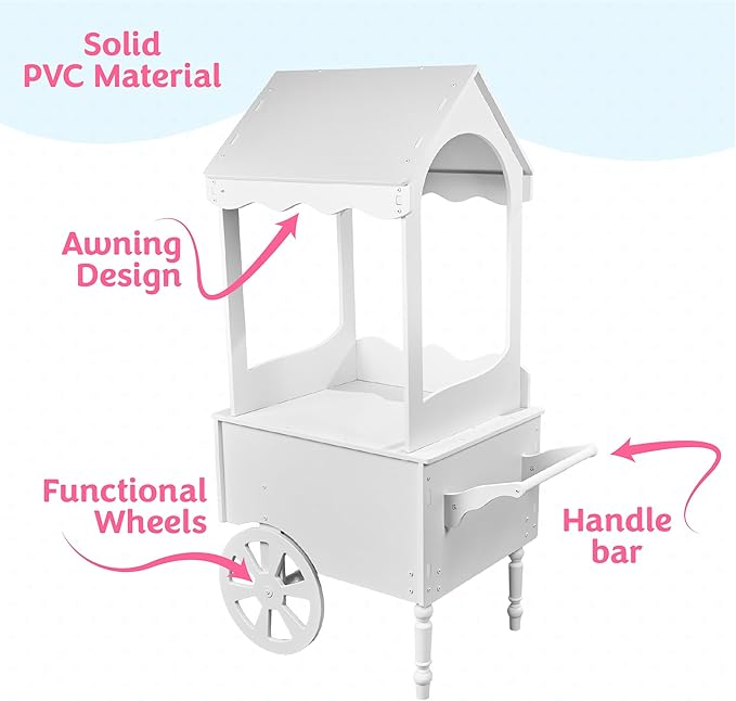 Vintage Candy Cart with Wheels for Party - Dessert Cart with wheels and Handle Bar for easy movement - 67" H' X 26" L' X 22" W' - PVC Treat Cart for Parties, Weddings and Birthday - Easy Assembly