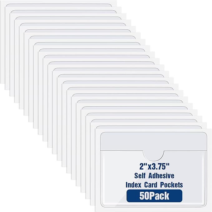 Chinco 50 Pack Clear Adhesive Pockets, Labels for Storage Bins, Plastic Self Adhesive Index Card Holder with Top Open for Organizing Bins Box Drawer(2.5 x 4.06 Inches)