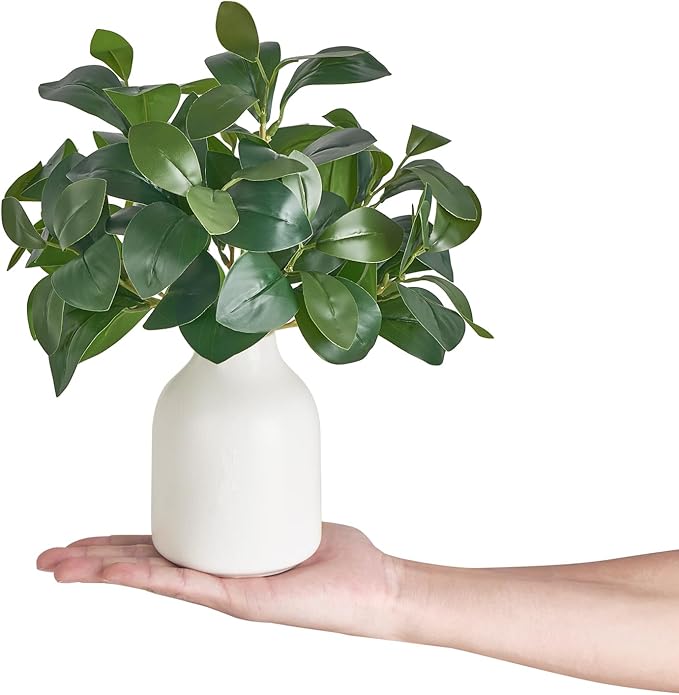 Dahey Fake Plants in Small Ceramic Vase Realistic Artificial Faux Plants Indoor Modern Farmhouse Table Centerpieces for Bathroom Kitchen Shelf Living Room Home Greenery Decor, White