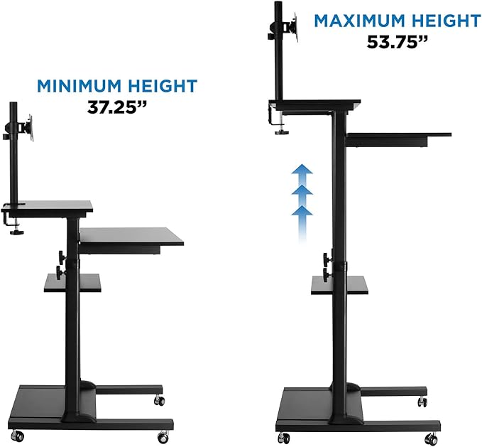 Mount-It! Mobile Computer Cart with Monitor Mount for Screen up to 32", Portable Desk on Wheels, Rolling Laptop Stand for Teachers, Office, Classroom, Rise up to 53", Podium, Keyboard Tray, Black