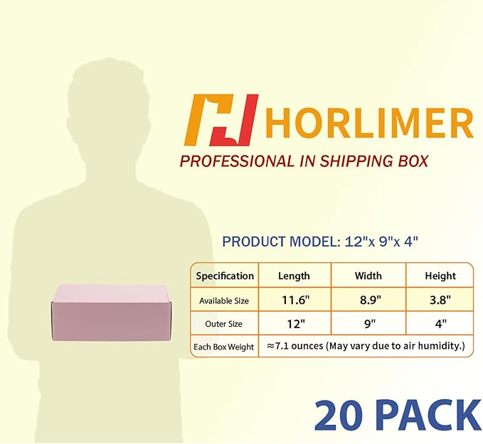 HORLIMER 12x9x4 inches Shipping Boxes Set of 20, Pink Corrugated Cardboard Gift Box for Packing, Mailing, Small Business
