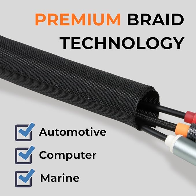 1 inch Split Braided Cable Management Sleeve for USB Cable Power Cord Audio Video Cable, High-Temperature Automotive Harness Wire Loom Cord Protector from Cat Dog Chewing (Black, 10FT)