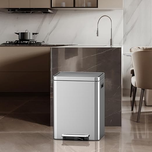 Dual Compartment Trash Can - 2 X 4 Gal (2 x 15L) Stainless Steel Trash Can, Double Sorting Bin with Soft Close Lids, Removable Inner Bucket, Step-on Recycling for Kitchen Home Office