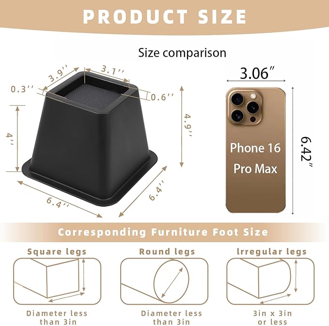 Bed Riser/Furniture Lift Bed/Bed risers/Furniture Lifter/Table risers/Frame Risers Create Under Bed Storage Heavy Duty for Furniture Height Adjustment (Black 6 Pack, 4 Inch)