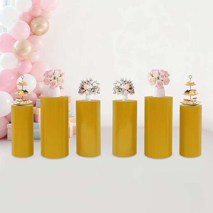 OUKANING 6 PCS Metal Display Pedestal Stands, Gold Cylinder Display Stands Pillars, Decoration Cube Sculpture Display Column for Wedding Party Baby Shower Birthday, H27.56'', 26'', 23.62''