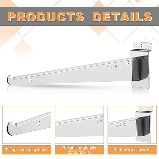 Therwen 24 Pcs 12" Chrome Slatwall Knife Shelf Bracket with Lip Metal Brackets Hooks Slatwall Hanger Heavy Duty Shelf Accessories Home Boutique Retailer Display (Plating Color)