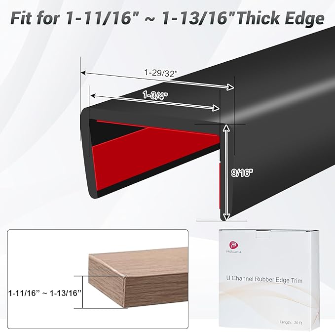 Rubber Edge Trim, 1-3/4 inch (45mm) Wide U Channel Edge Trim, Big Size U Shaped Trim, Self Adhesive Edge Banding for Plywood, Woods,Interior Doors, Countertop, Length 20Ft, Black