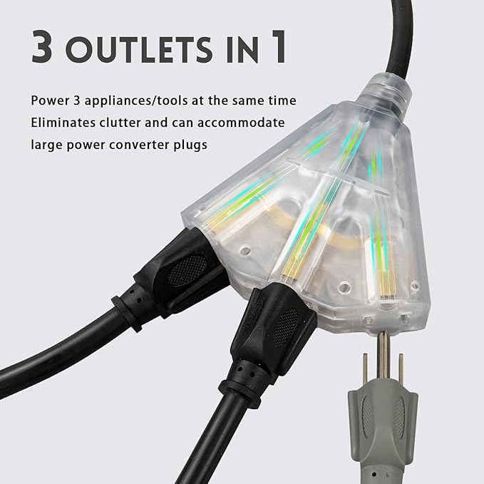 EP 6 Ft Lighted Outdoor Extension Cord with 3 Electrical Power Outlets - 14/3 SJTW Heavy Duty Black Extension Cable with 3 Prong Grounded Plug - Power Cord for Lawn, Garden, Appliances