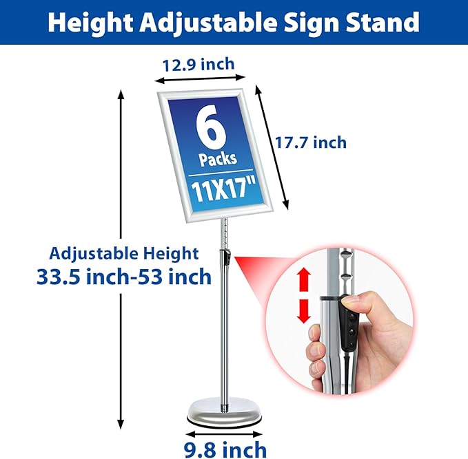6Packs Floor Standing Sign Holder Stands for Display 11x17Inch Pedestal Poster Sign Stand, Adjustable Sign Holder Stand for Vertical & Horizontal View Sign Display Stand, Silver