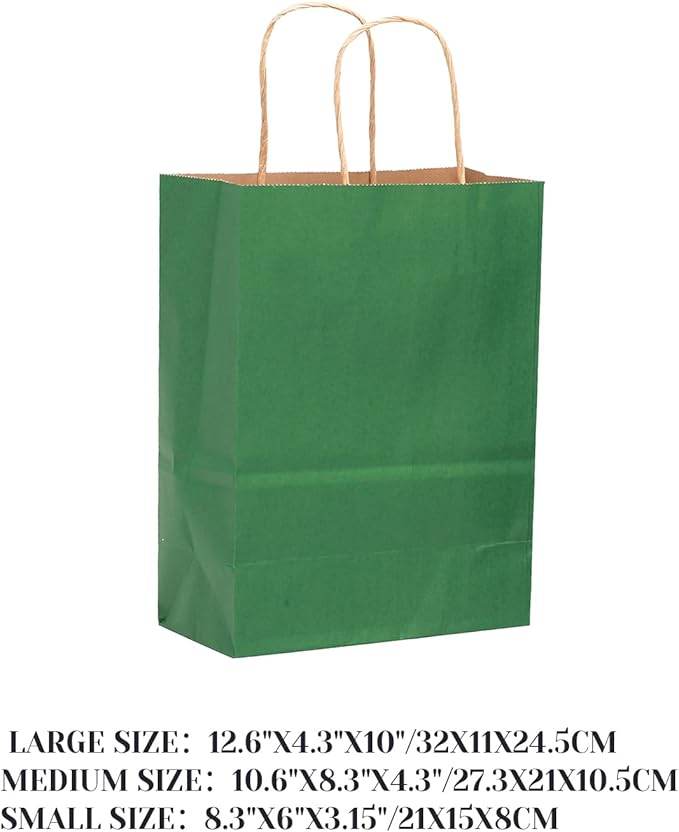 qiqee 100PCS Gift Bag with Handles Bulk Kraft Deep Green Paper Bags Assorted Sizes(33pcs Large 13",33pcs Medium 11",34pcs Small 8")