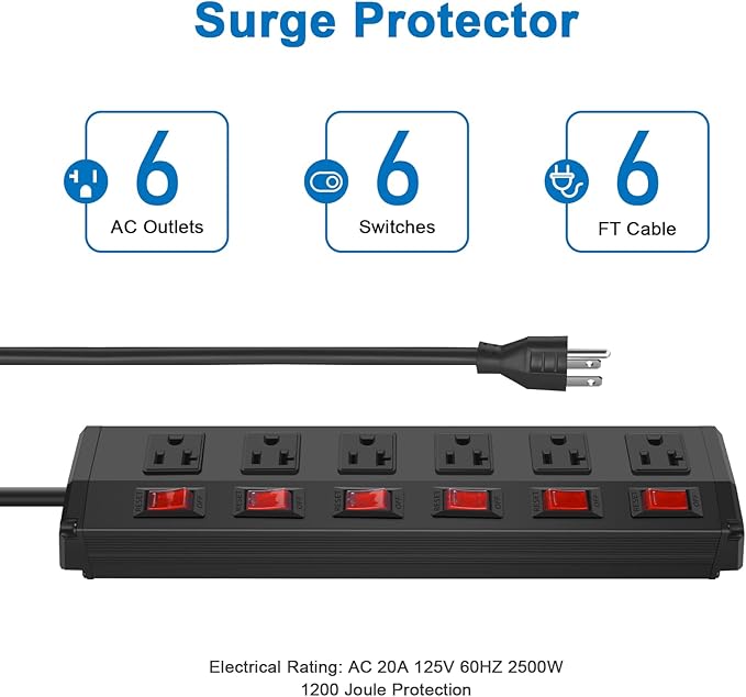 CCCEI Metal Power Strip Individual Switches 6 Outlets, Heavy Duty Power Strip 20Amp Surge Protector for Appliances, 6FT Extension Cord Strip, 1200J Surge Protector 20A 125V 2500W.