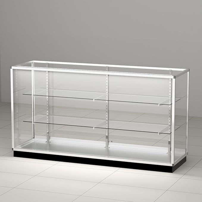 70”D * 20”W * 38”H, Freestanding LED Retail Full Vision Glass Display Case, Silvery Aluminum Frame, Two Adjustable Height Tempered Glass Shelves