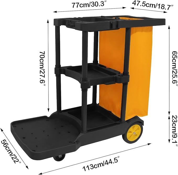 tonchean Commercial Janitorial Cart, 3-Shelf Large Capacity Housekeeping Cart with 25 Gallon Vinyl Bag & Wheels, 44.5" L x 22" W x 36.6" H, Utility Clean Trolley for Professional Cleaning, Black