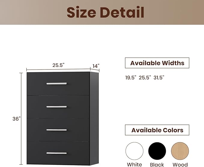 ROOMTEC 25.5" 4 Drawer Short Tower Closet Unit, Modular Closet System with Drawers and Shelf, Wardrobe Organizer for Bedroom or Walk-in Closet, Wall Mounted, Customizable Clothes Storage Unit, Black