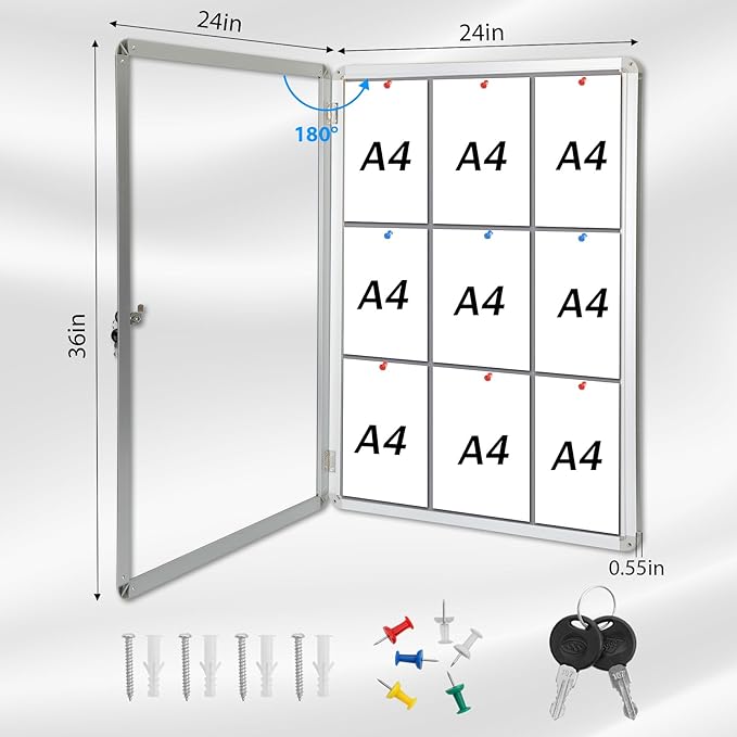 36"x24" Enclosed Bulletin Board with Locking Door, Tamper-Proof Dispaly Case, Aluminium Frame, Outdoor Bulletin Board Weatherproof, Lockable Cork noticeboard for School,Office,etc