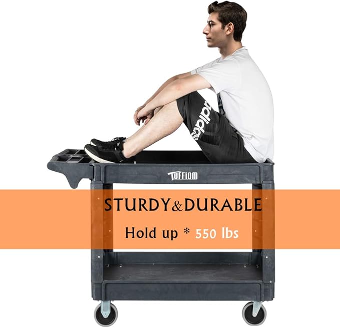 TUFFIOM Plastic Service Utility Cart with Wheels, 550lbs Capacity, Heavy Duty Tub W/Deep Shelves, Multipurpose Rolling Extra Large 2-Tier Mobile Storage Organizer, Warehouse Garage Industrial Cart