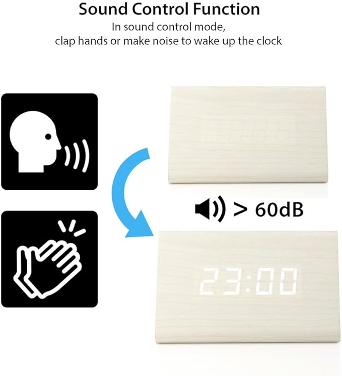 OCT17 Wooden Wood Clock, New Version LED Alarm Digital Desk Clock Adjustable Brightness, Alarm Time, Displays Time Date Temperature - White