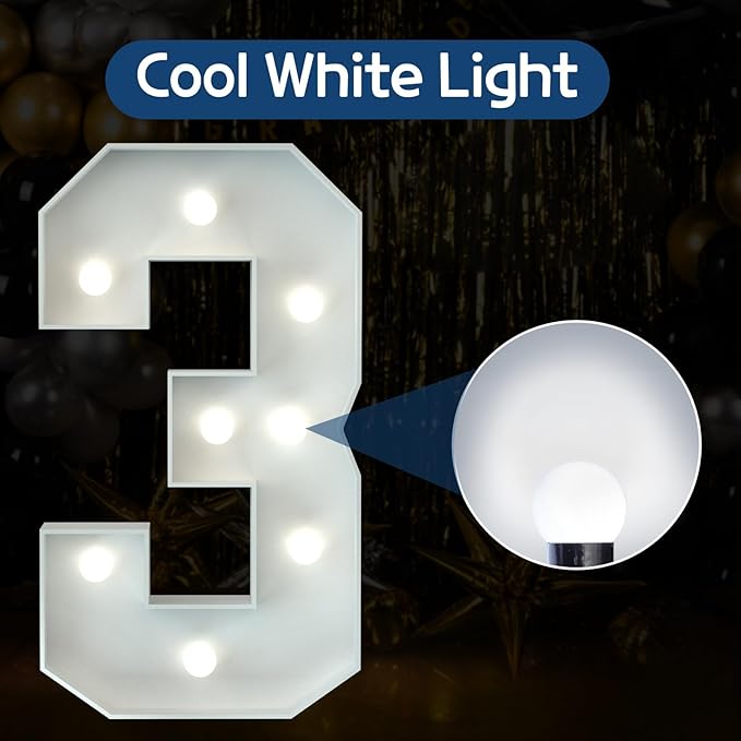 Marquee Numbers 3 Feet Tall Big Light Up Numbers 3rd 13th 30th Happy Birthday Decorations White Anniversary Party Decor Large Cardboard Prop Backdrop Sign 3